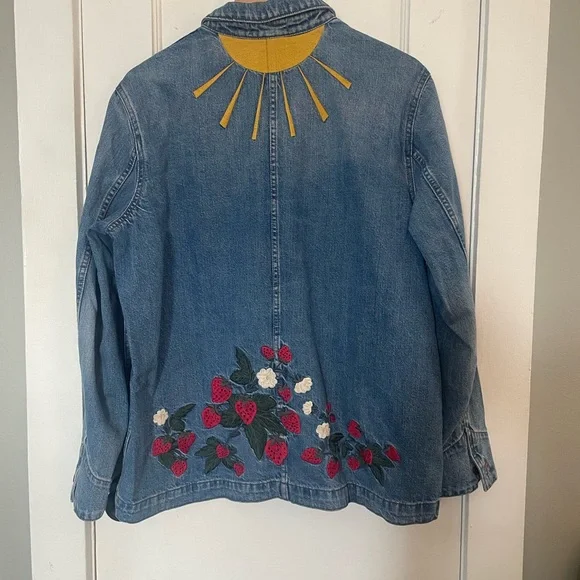 Madewell Blue Denim Jacket with Embroidered strawberries and sun. - Picture 4 of 8
